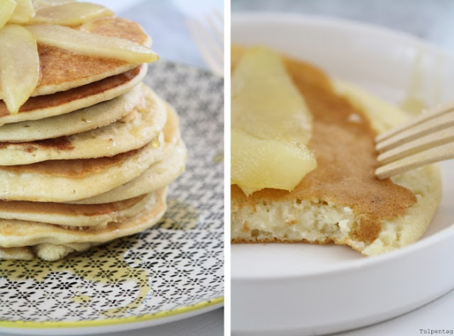 rezept dinkel pancakes fruehstueck karamellisierte birnen gesund