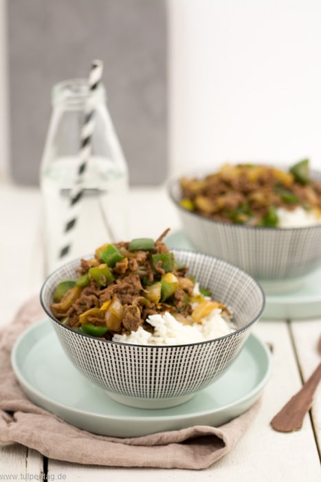 Koreanische Hackfleischpfanne mit Reis - Schnelle vegetarische Rezepte.