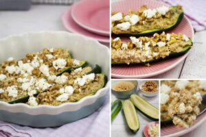 Vegetarische gefüllte Zucchini mit Quinoa, Feta und Walnüssen aus dem Ofen