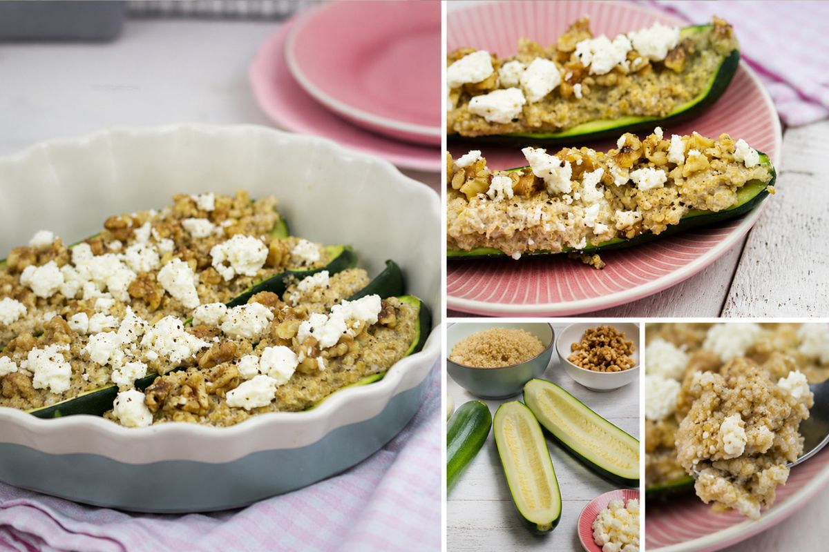 Vegetarische gefüllte Zucchini mit Quinoa, Feta und Walnüssen aus dem Ofen