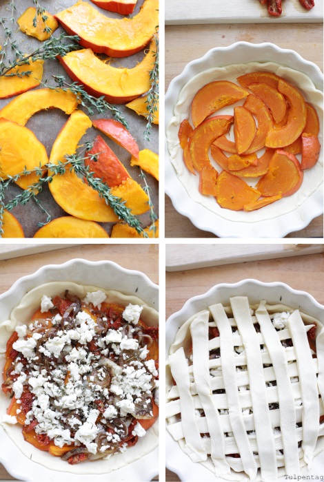 Kürbis Feta Pie backen herzhaft Rezept vegetarisch Anleitung