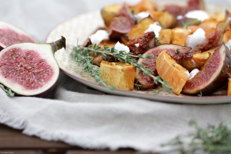 Was Passiert Wenn Ich Jeden Tag Salat Esse Süßkartoffel-Salat mit karamellisierten Feigen und Ziegenkäse