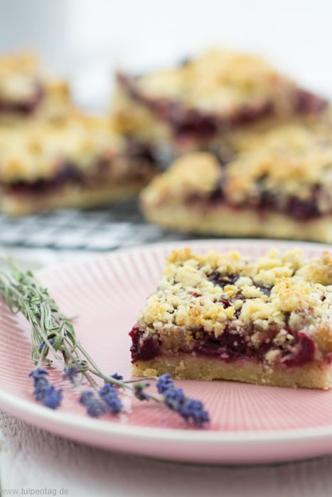 Rezept für Streuselkuchen vom Blech mit frischen Kirschen. Leicht und schnell zu backen.