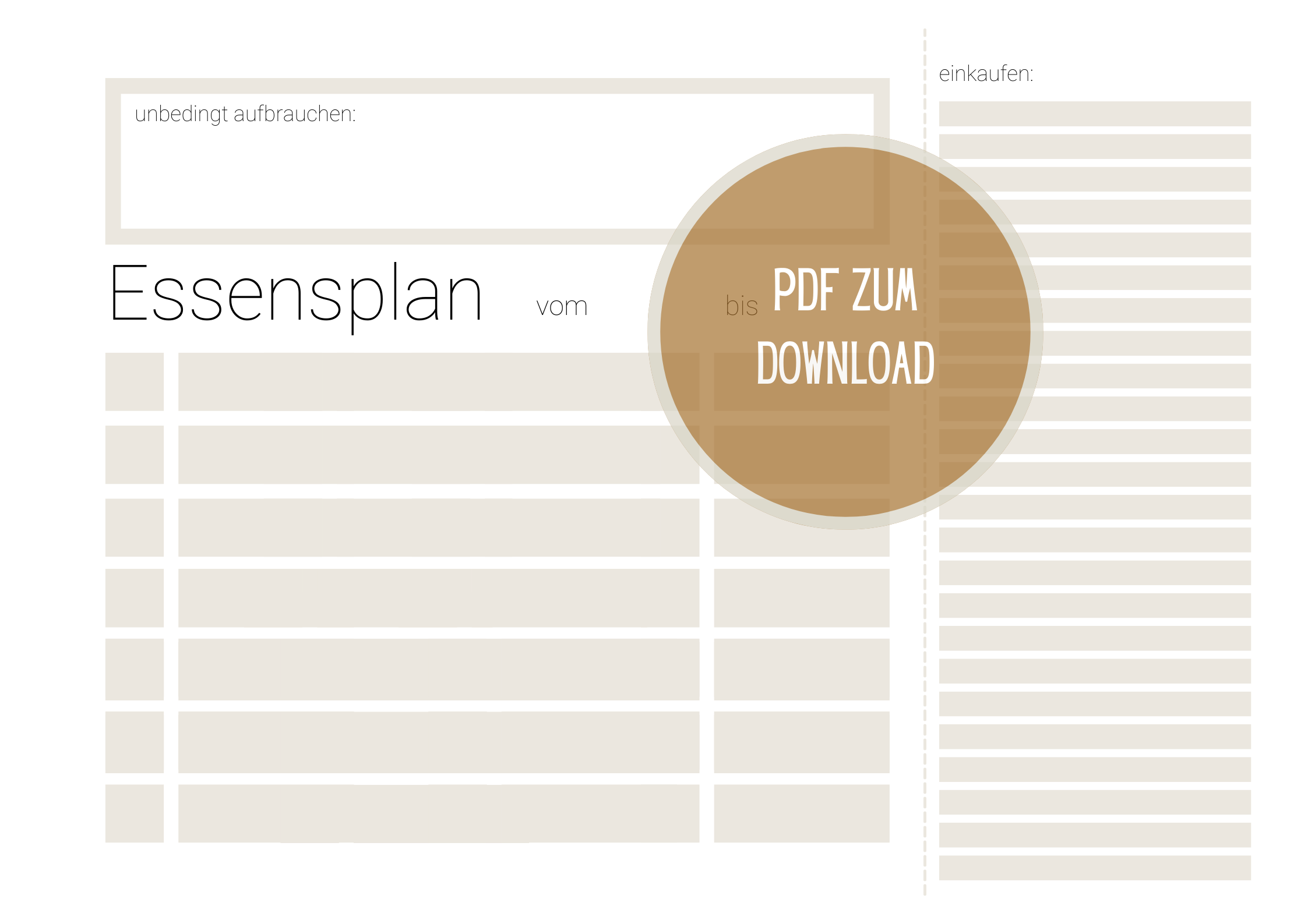 Essensplan zum Ausdrucken als PDF. Essensplan erstellen mit dieser minimalistischen Vorlage mit praktischer Einkaufsliste