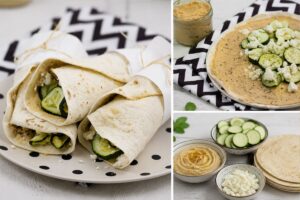 Wraps mit Zucchini und Feta gefüllt mit cremigem Hummus als schnelles Feierabendgericht