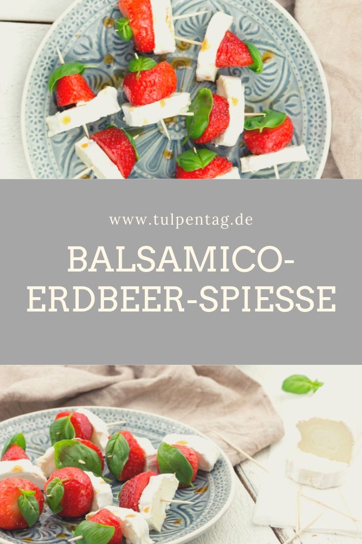 Balsamico-Erdbeer-Spieße mit Ziegenkäse und Basilikum #rezept #erdbeeren #balsamico #snack #sommer 