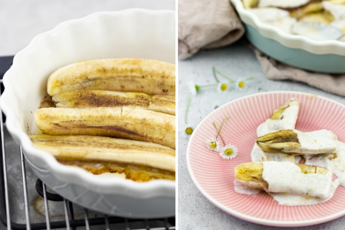 Gegrillt Banane mit Zimtbutter und Creme-fraiche-Guss. Rezept für Grillbananen als Dessert fürs Grillen. #grillen #rezept #dessert #süß #einfach #schnell #bananen #grillbananen #vegetarisch