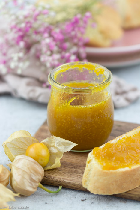 Marmelade aus Physalis. Physalis-Marmelade. Aufstrich aus Andenbeeren. #rezept #süß #frühstück Auch gut als Geschenk aus der Küche.