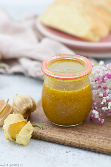 Marmelade aus Physalis. Physalis-Marmelade. Aufstrich aus Andenbeeren. #rezept #süß #frühstück Auch gut als Geschenk aus der Küche.