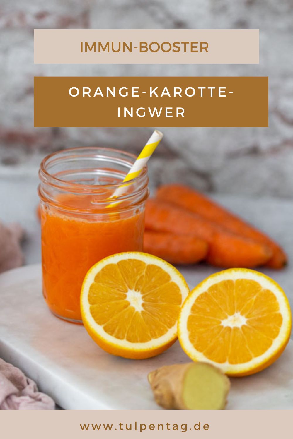 Immun-Booster. Orange-Karotte-Ingwer-Drink mit dem Slow Juicer - Tulpentag. Schnelle Rezepte.