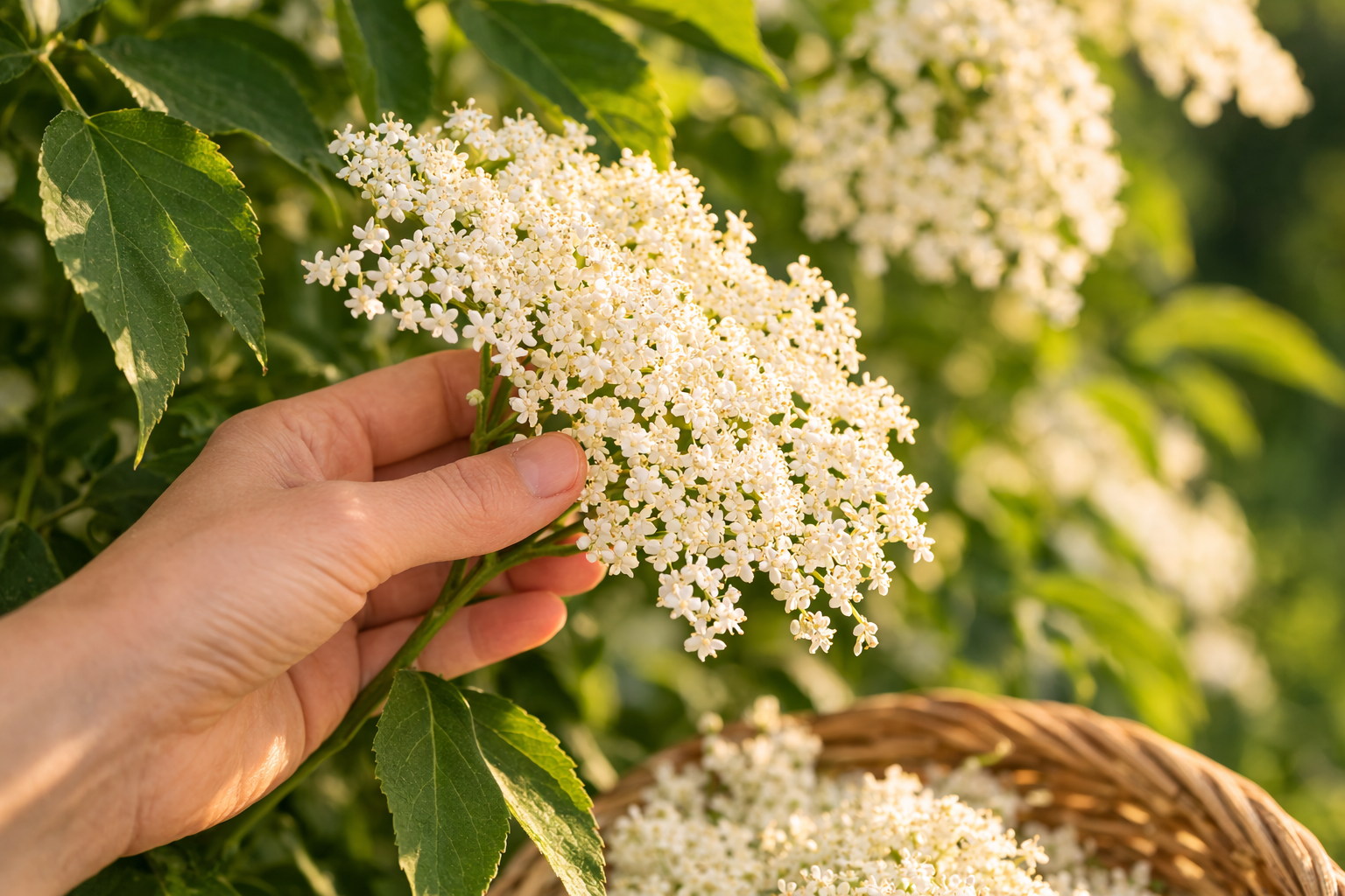 Hand erntet Holunderblüten an einem Holunderstrauch