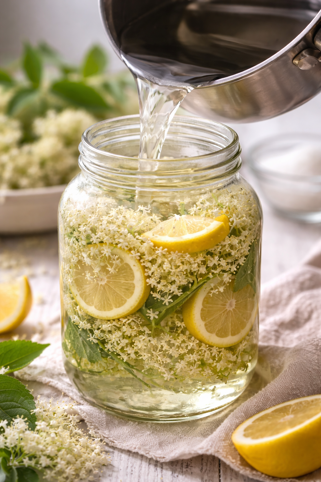 Herstellung von Holunderblütensirup mit Holunderblüten und Zitronenscheiben im Glas