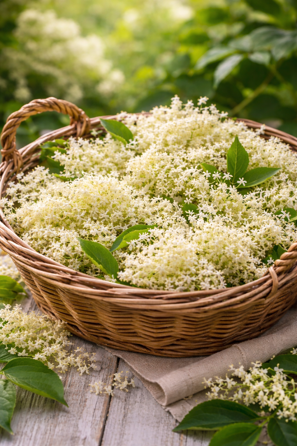 Frisch geerntete Holunderblüten zum Trocknen in einem Korb