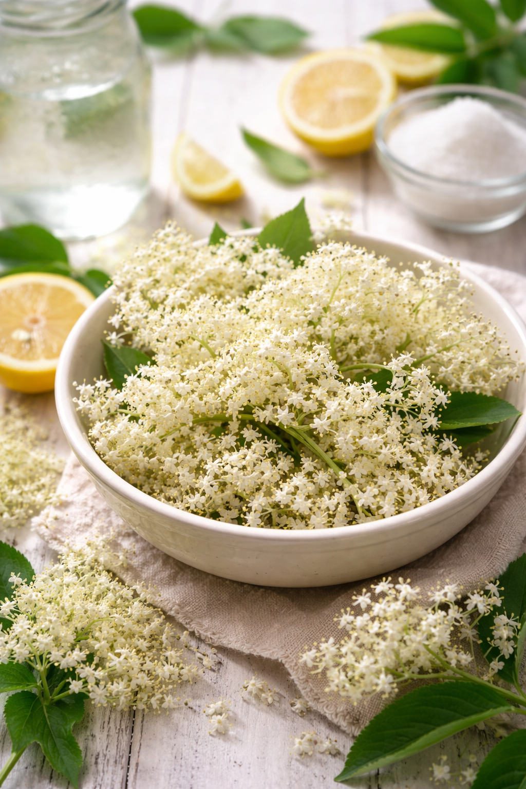 Frisch gepflückte Holunderblüten für Holunderblütensirup und weitere Rezepte
