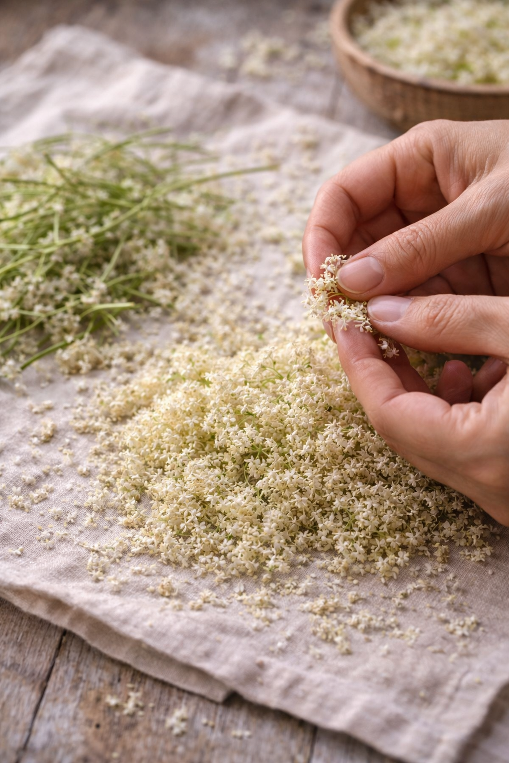 Getrocknete Holunderblüten werden vorsichtig vom Stiel gelöst
