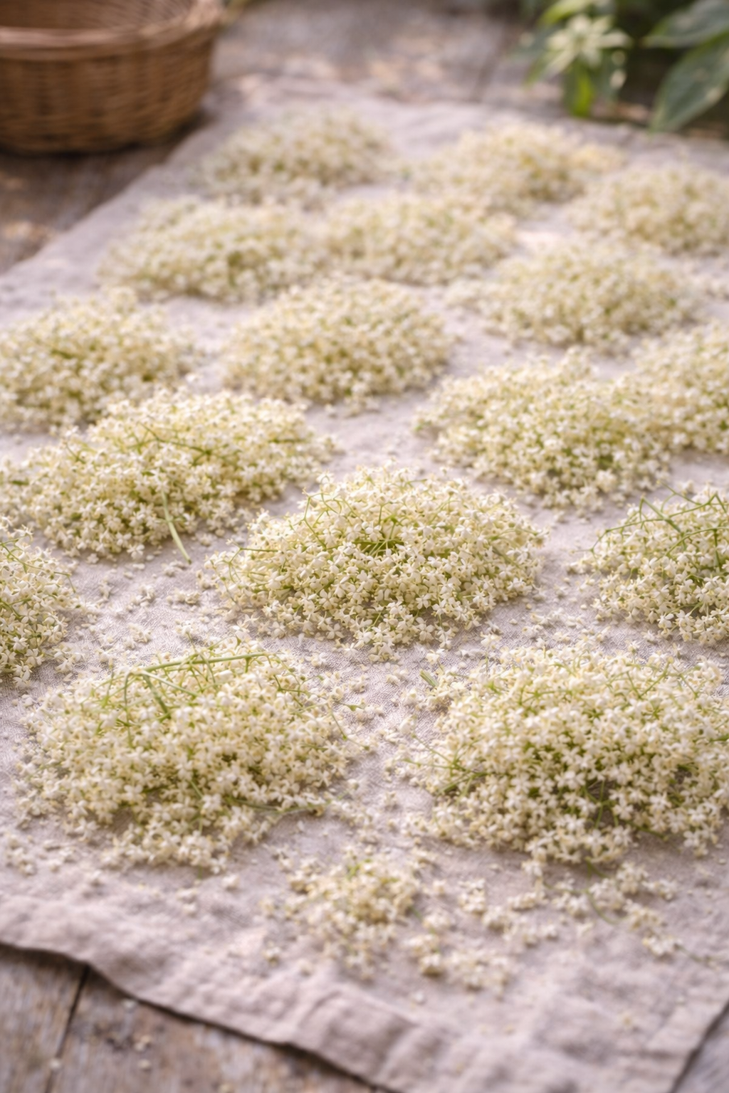 Holunderblüten locker auf einem Küchentuch zum Trocknen ausgebreitet