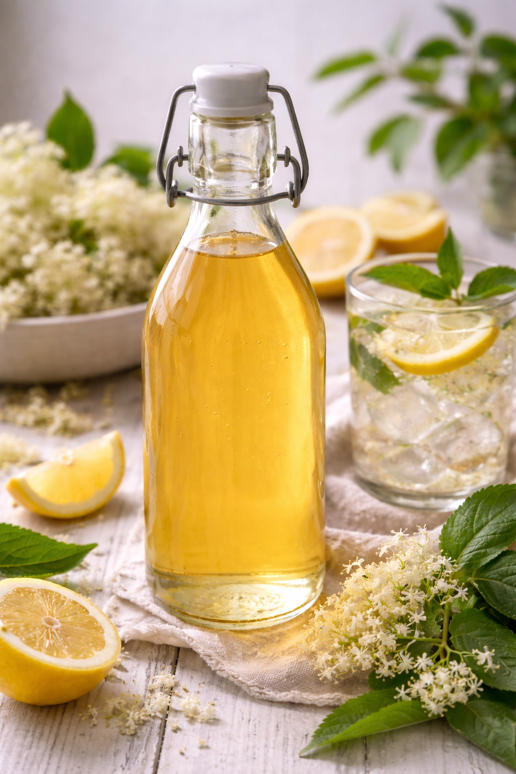 Fertig abgefüllter Holunderblütensirup in einer Glasflasche mit Holunderblüten und Zitrone
