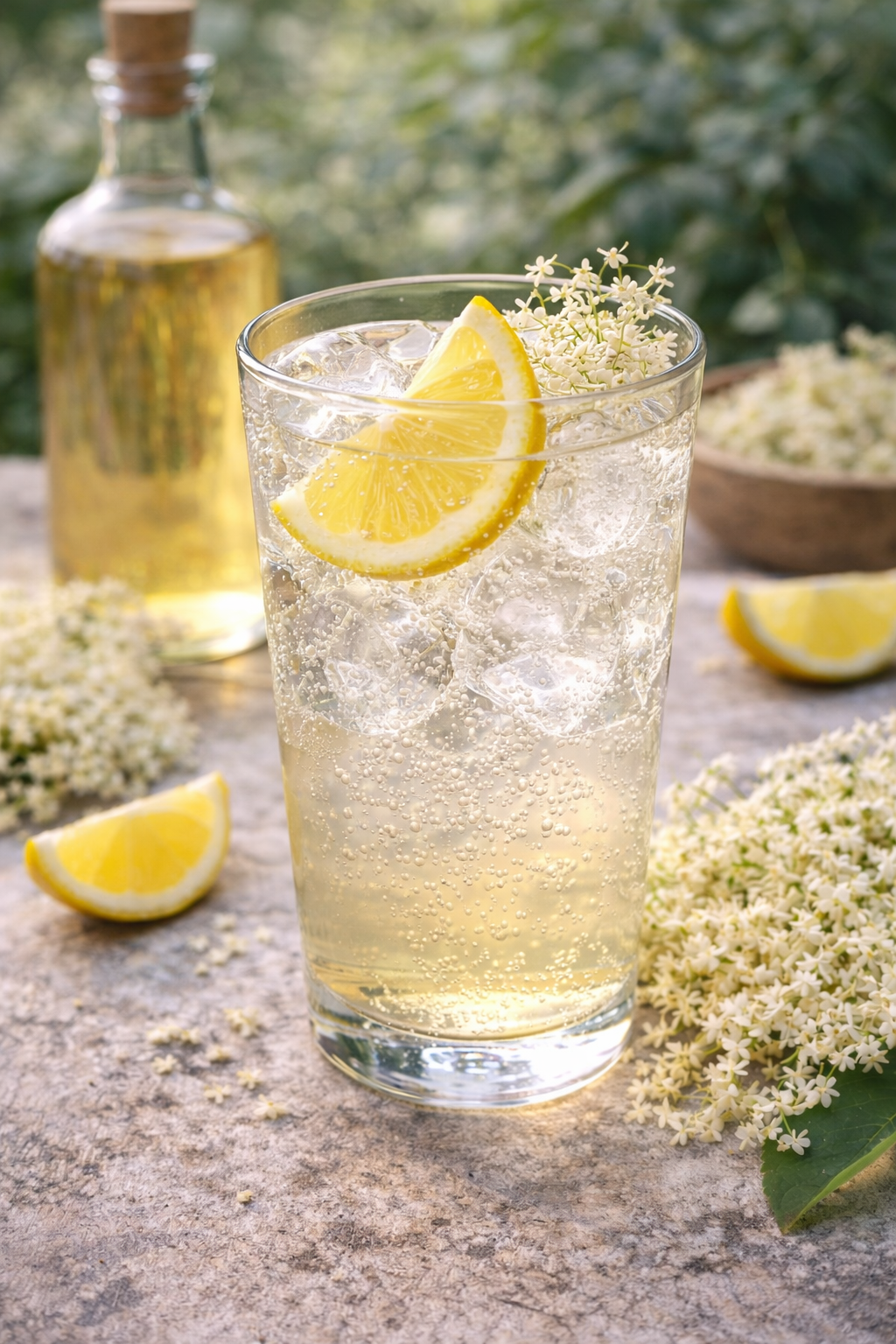 Glas mit Holunderblütenlimonade und Eiswürfeln