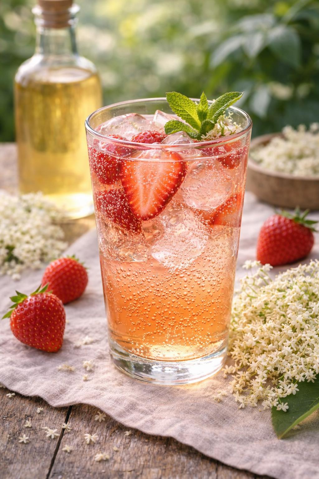 Holunderblütensirup mit Erdbeeren in einem Glas