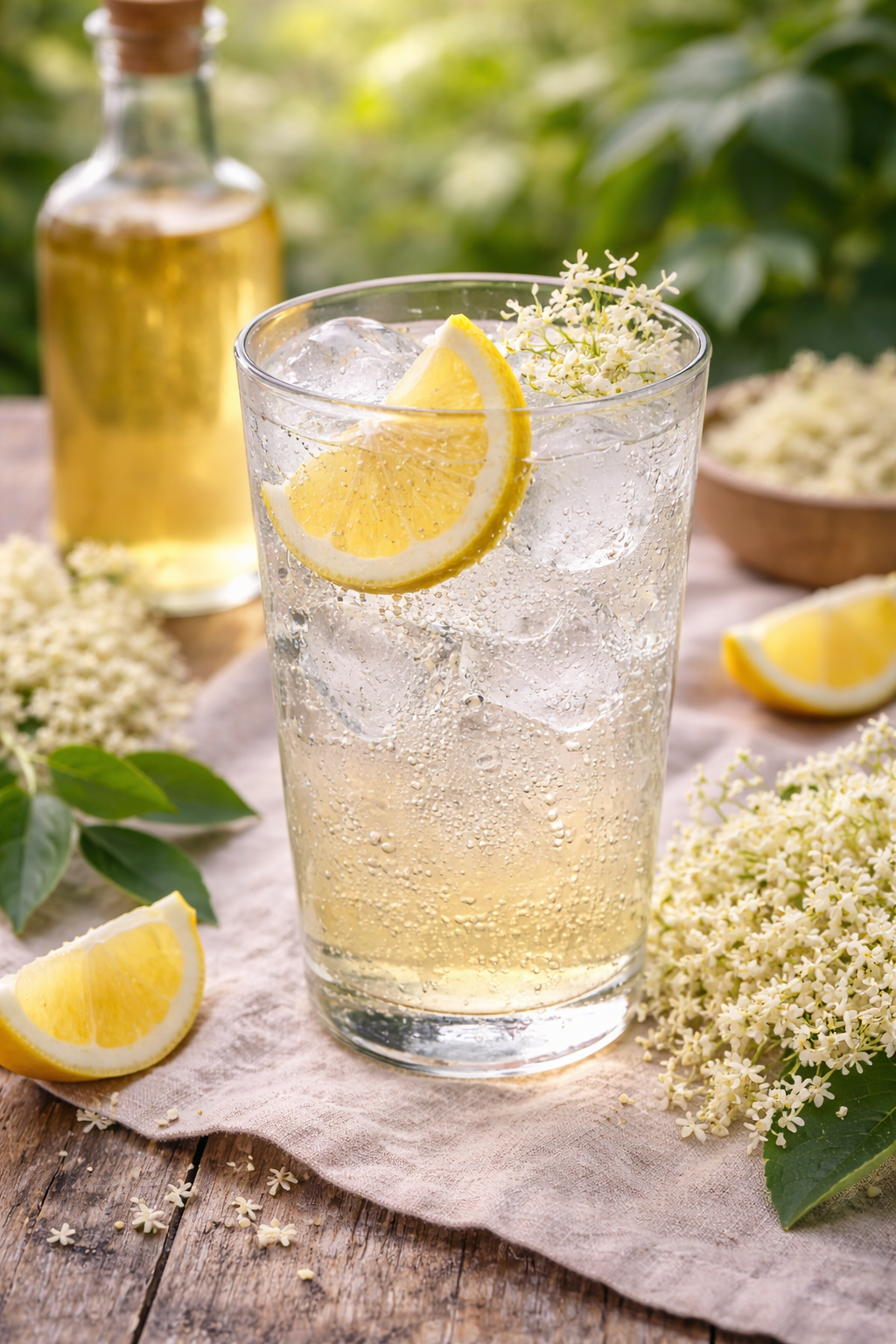 Holunderblütensirup mit Mineralwasser im Glas