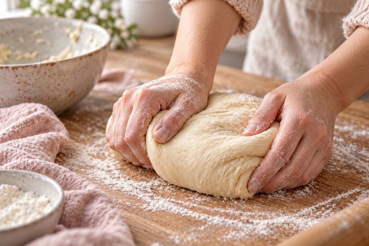 Hefeteig für schwedische Zimtschnecken wird mit bemehlten Händen auf einer Arbeitsfläche geknetet.
