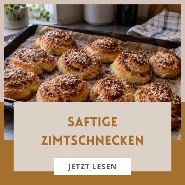Grafik mit frisch gebackenen, saftigen Zimtschnecken mit Hagelzucker auf dem Blech – zum einfachen Zimtschnecken-Rezept.