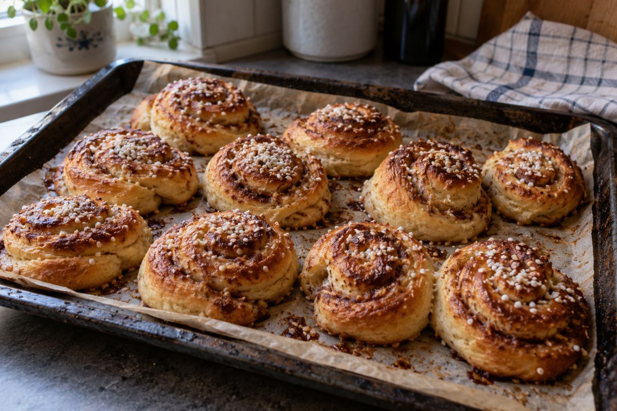 Schwedische Zimtschnecken aus Hefeteig mit Hagelzucker, frisch gebacken auf dem Blech.