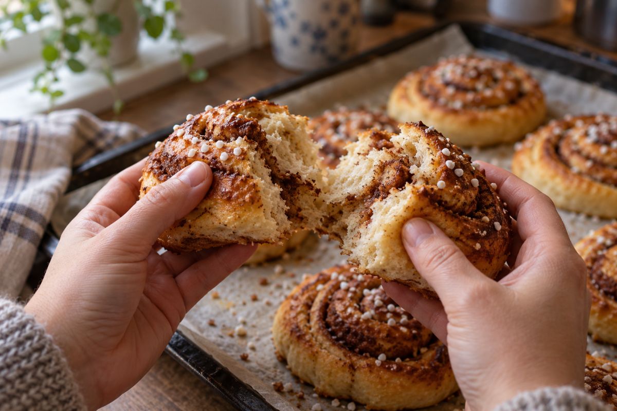 Eine frisch gebackene schwedische Zimtschnecke wird auseinandergezogen und zeigt ihren lockeren Hefeteig.
