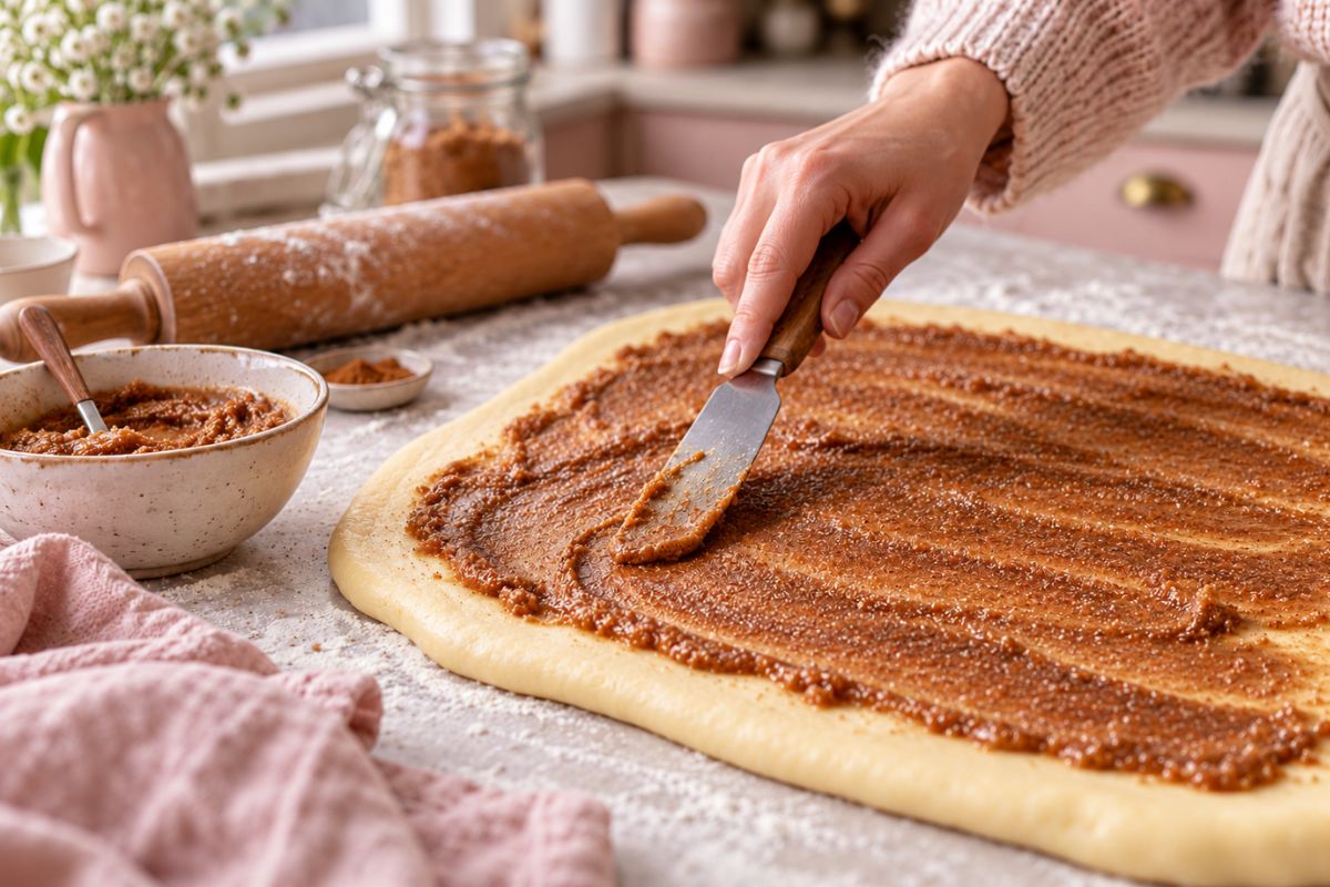 Zimt-Zucker-Füllung wird für schwedische Zimtschnecken auf dem ausgerollten Hefeteig verstrichen.